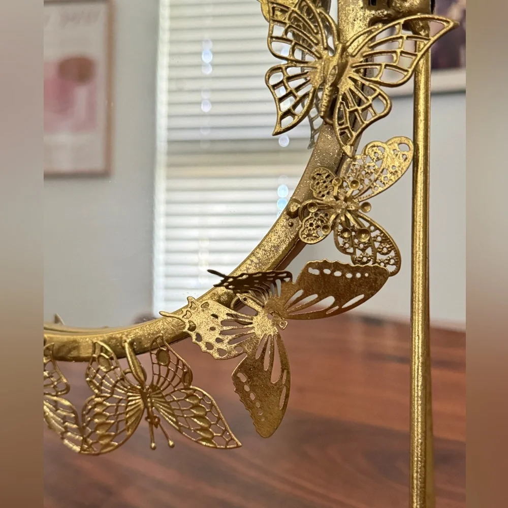 Vintage Gold Metal Round 3D Butterfly Standing Mirror